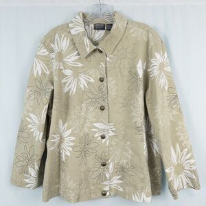 Additions‎ by Chicos Floral Cotton Twill Button Jacket Womens 3 (XL) Khaki Beige